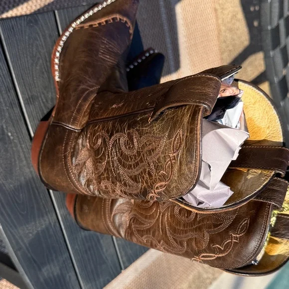 Tony Lama Brown Heeled Boots with Embroidery and Rhinestones - Picture 4 of 9